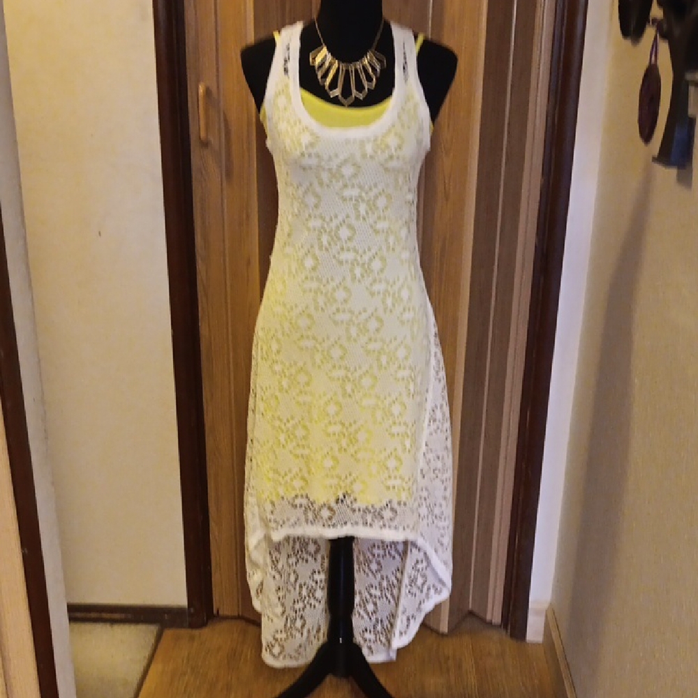 Elegant White And Yellow Lace High-Low Dress
